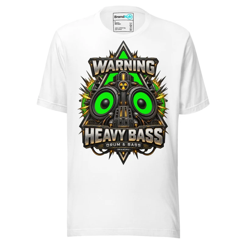 Warning Heavy Bass Drum and Bass T Shirt DnB Triangle Graphic Green Screen - White