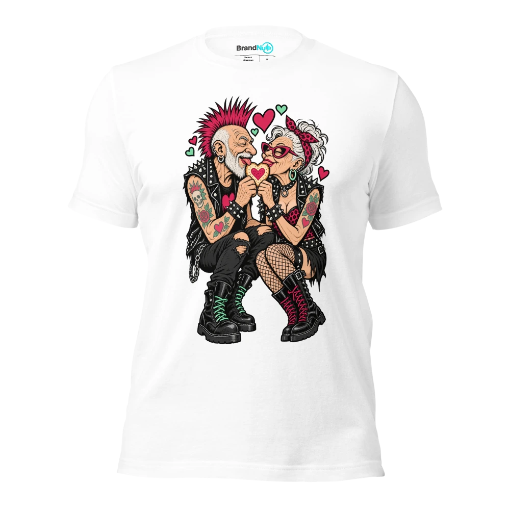 Two elderly punk musicians sharing a heart shaped biscuit T Shirt White Front