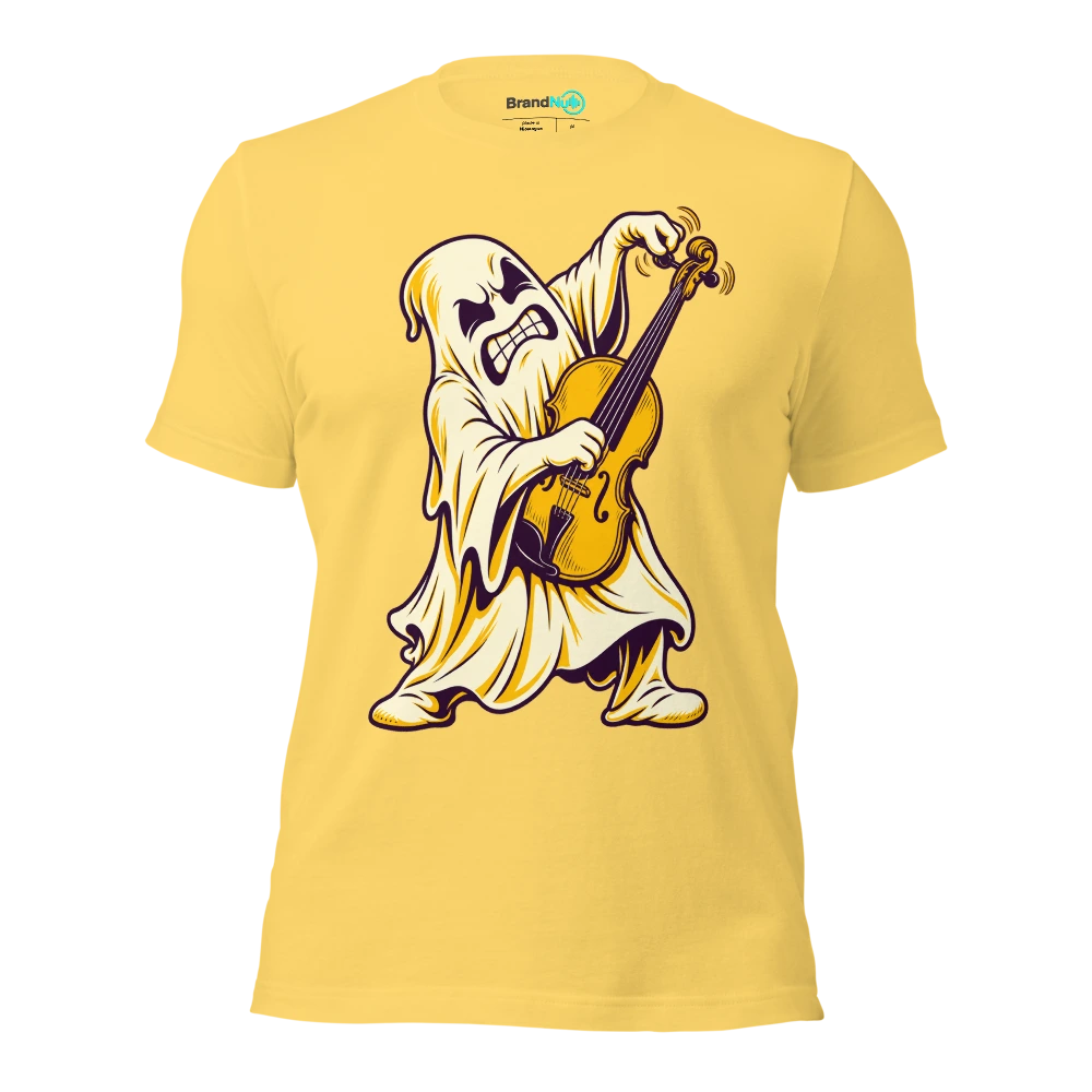 Ghost struggling to turn a squeaky violin peg T Shirt Yellow Front