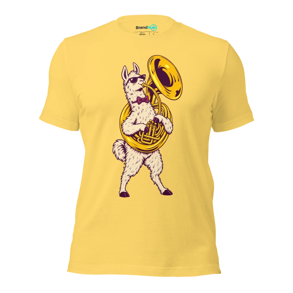 Llama wearing a bow tie and holding a sousaphone T Shirt Yellow Front