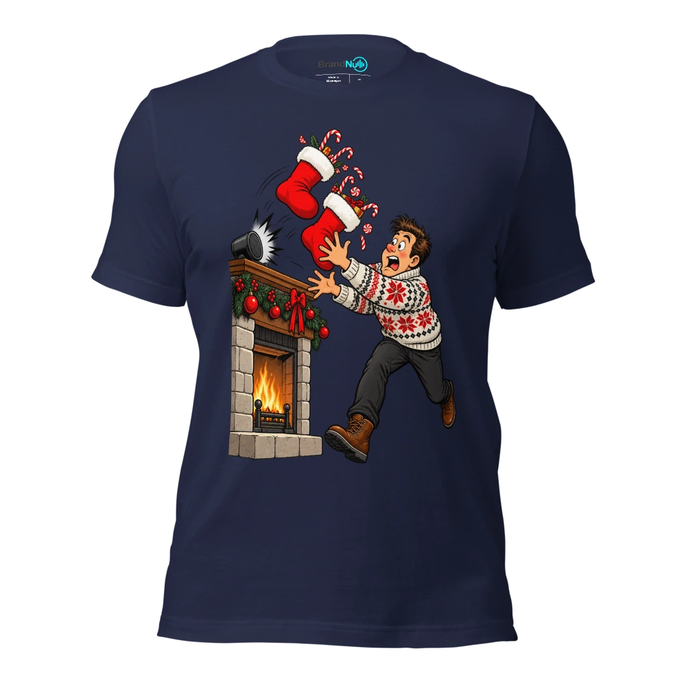 THE STOCKINGS ARE VIBRATING OFF THE MANTELPIECE T Shirt Navy Front