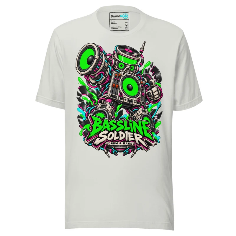 Bassline Soldier Drum and Bass T Shirt DnB Warning Graphic Green Screen - Silver