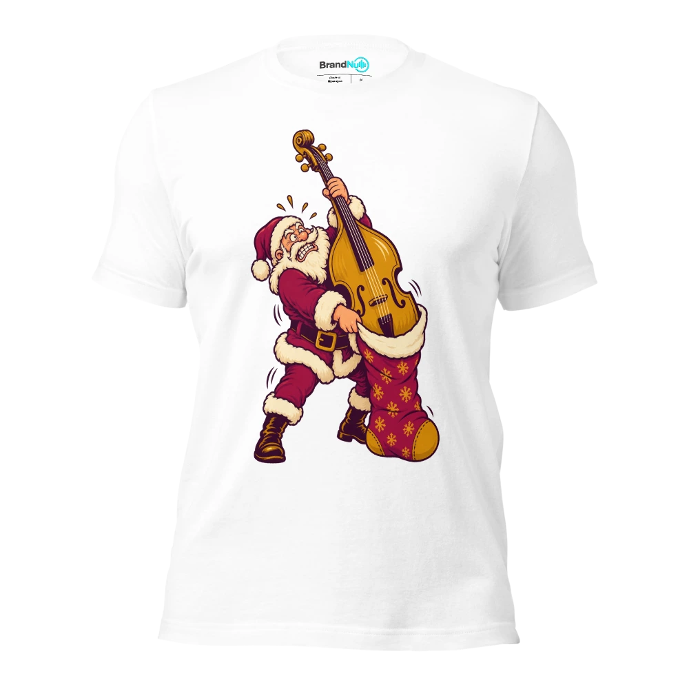 Santa struggling to fit an enormous double bass into a small stocking T Shirt White Front