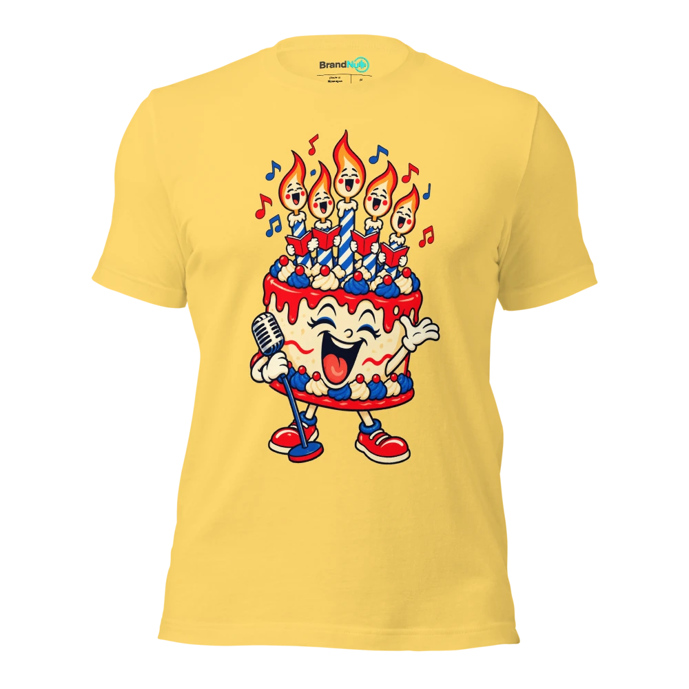 A birthday cake using candle flames as a tiny choir T Shirt Yellow Front