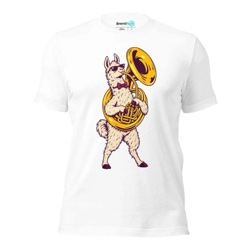 Llama wearing a bow tie and holding a sousaphone T Shirt White Front