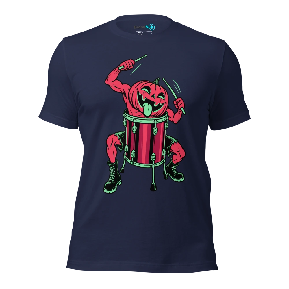A pumpkin drummer discovering its head fits perfectly in a floor tom T Shirt Navy Front