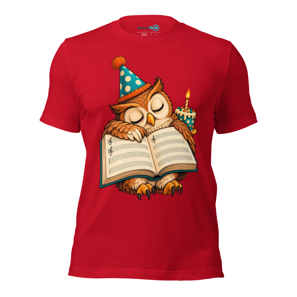 Birthday owl sleeping on an open blank music book T Shirt Red Front