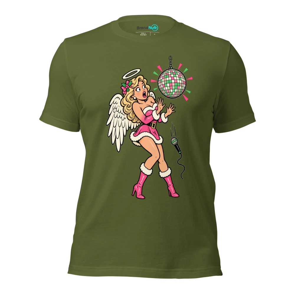 THE DISCO ANGEL HAS MISSED THE CUE T Shirt Olive Front