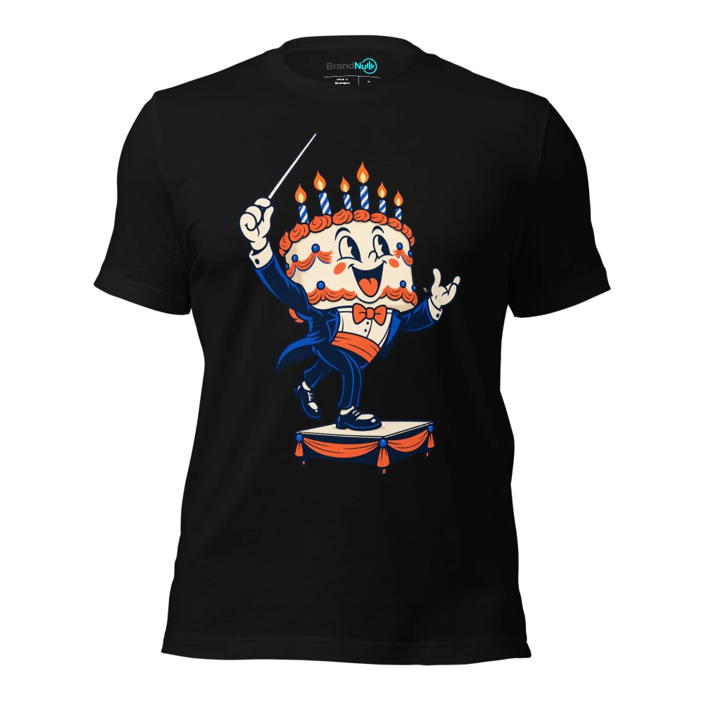 Cake mascot stepping onto a tiny conductor podium T Shirt Black Front