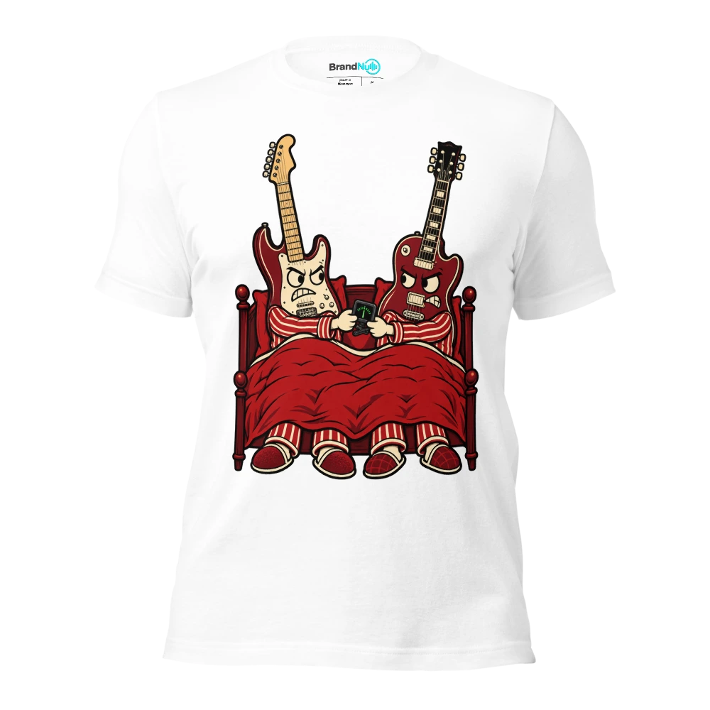 WE SHARE A BED NOT A GUITAR TUNER T Shirt White Front