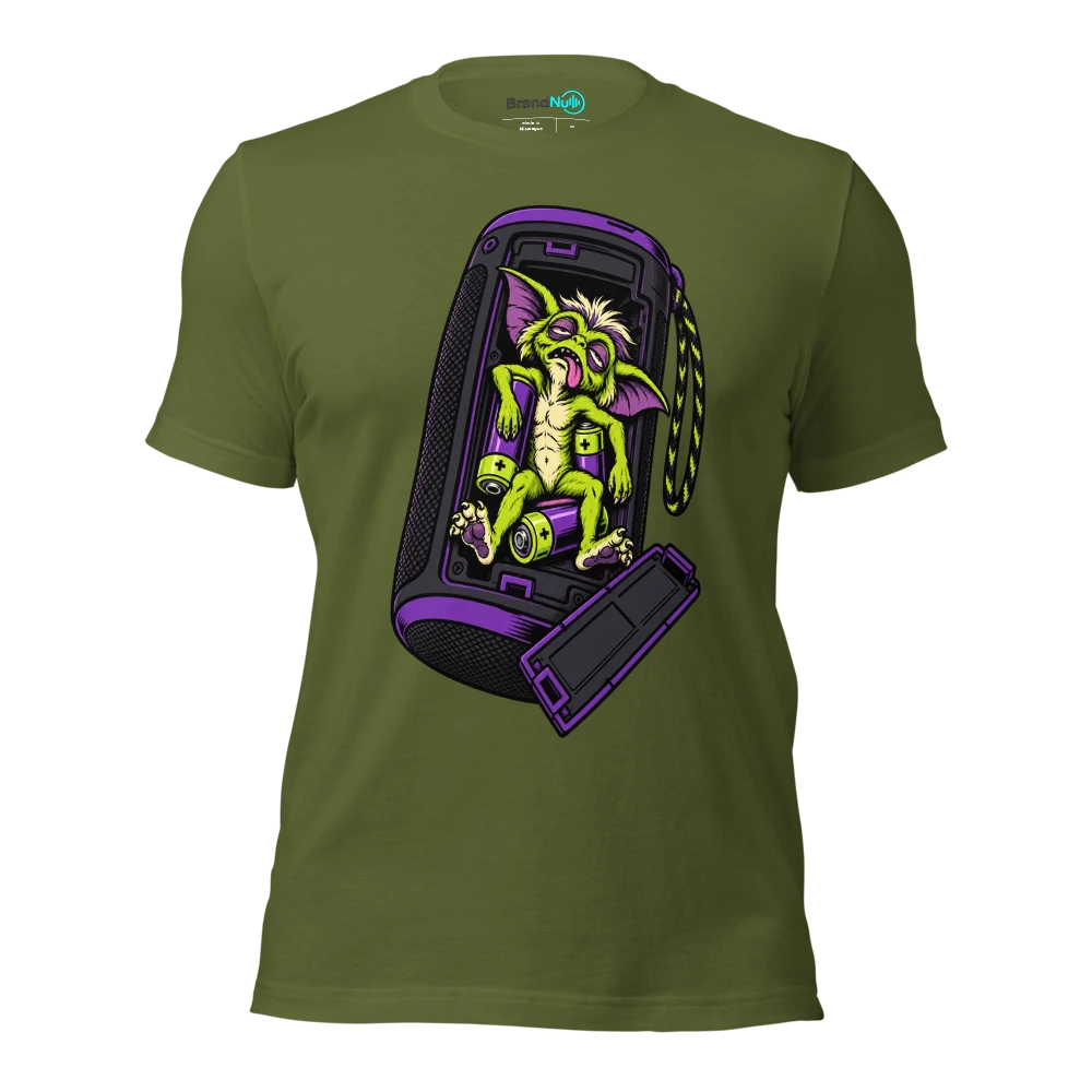 THE PARTY GREMLIN HAS RUN OUT OF BATTERY T Shirt Olive Front