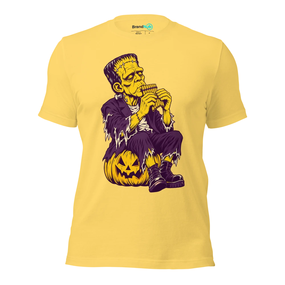 Monster carefully blowing across a tiny panpipe T Shirt Yellow Front
