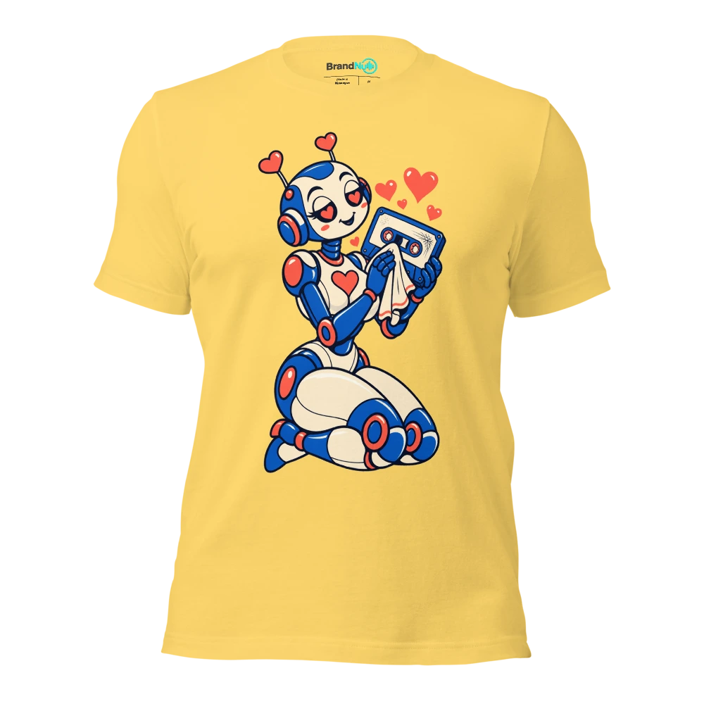 A romantic robot polishing a scratched blank cassette with a handkerchief T Shirt Yellow Front