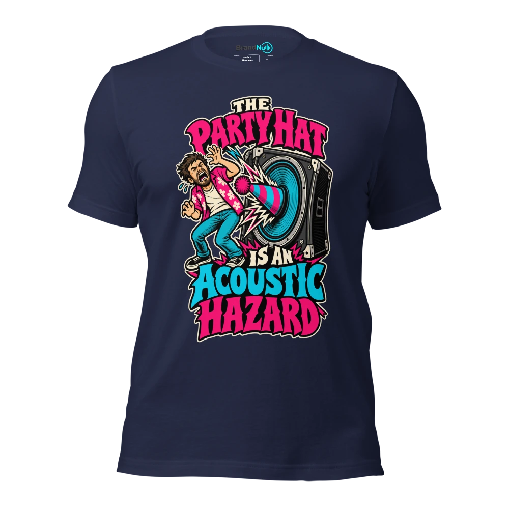 THE PARTY HAT IS AN ACOUSTIC HAZARD T Shirt Navy Front