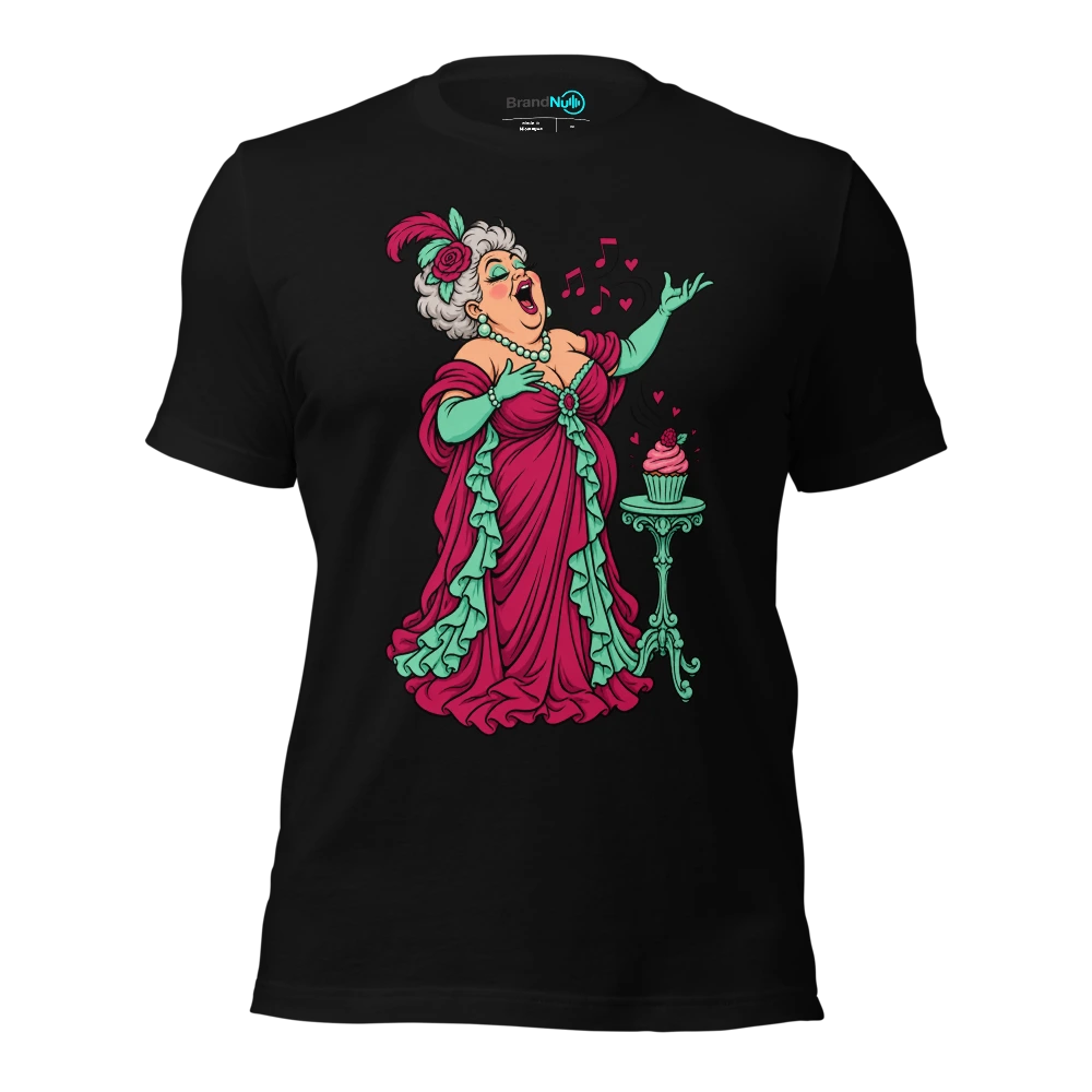 An elderly opera singer serenading a single cupcake T Shirt Black Front