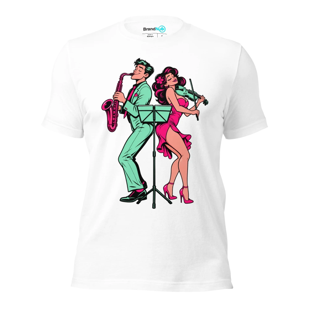 Couple sharing a music stand while facing opposite directions T Shirt White Front