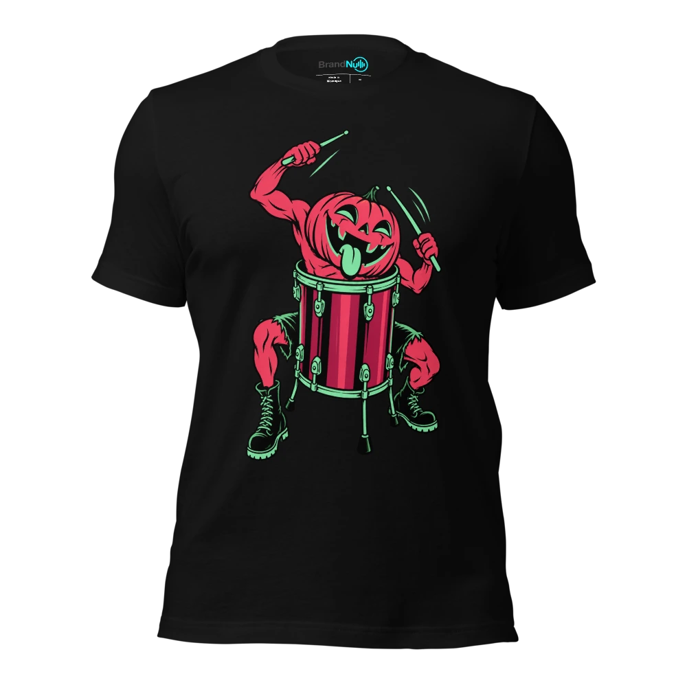 A pumpkin drummer discovering its head fits perfectly in a floor tom T Shirt Black Front