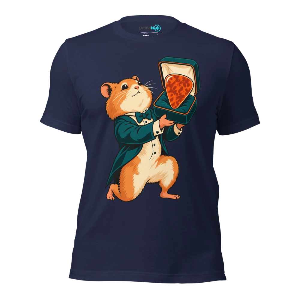 THE HAMSTER HAS DELIVERED AN OVERPRICED GUITAR PICK T Shirt Navy Front