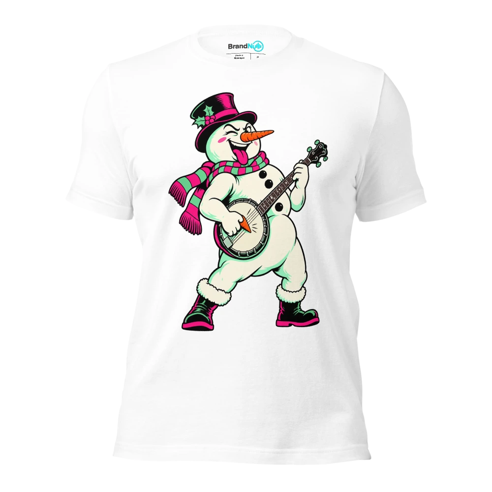 Snowman plucking a banjo with a carrot shaped pick T Shirt White Front