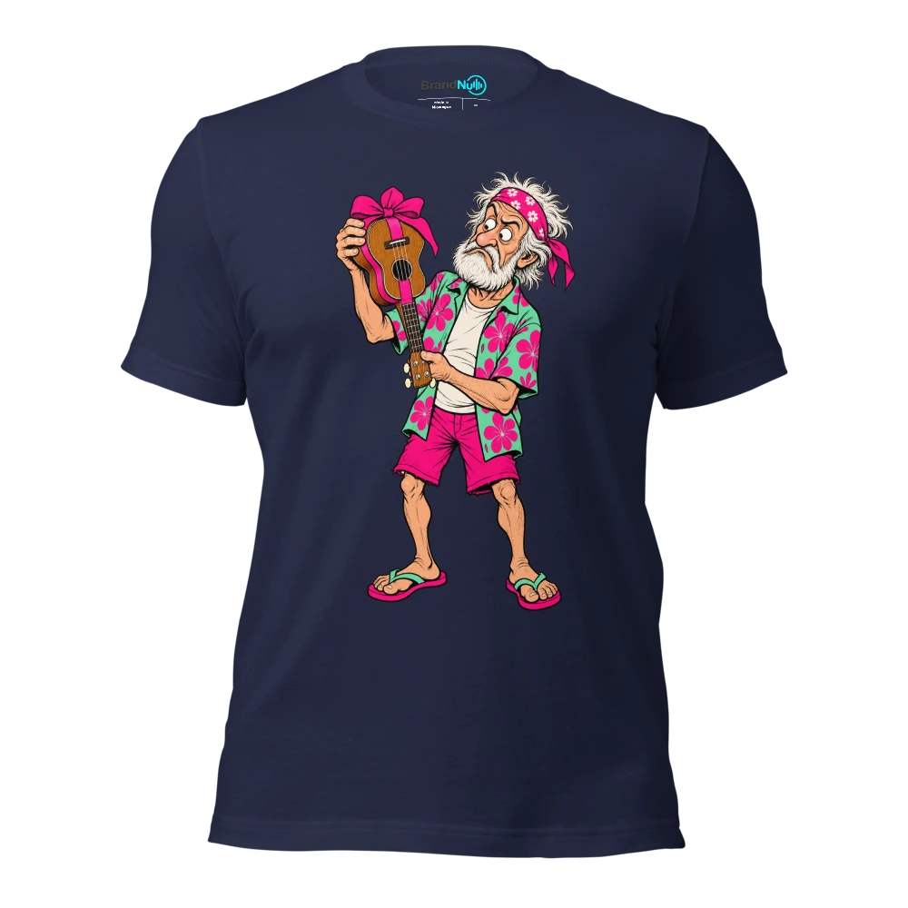 Older musician holding a wrapped ukulele upside down T Shirt Navy Front