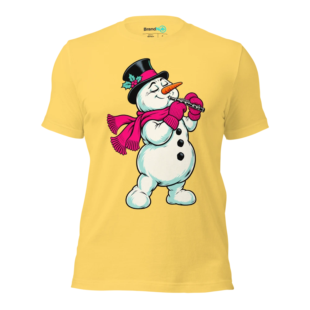 Snowman holding a piccolo with thick wool mittens T Shirt Yellow Front