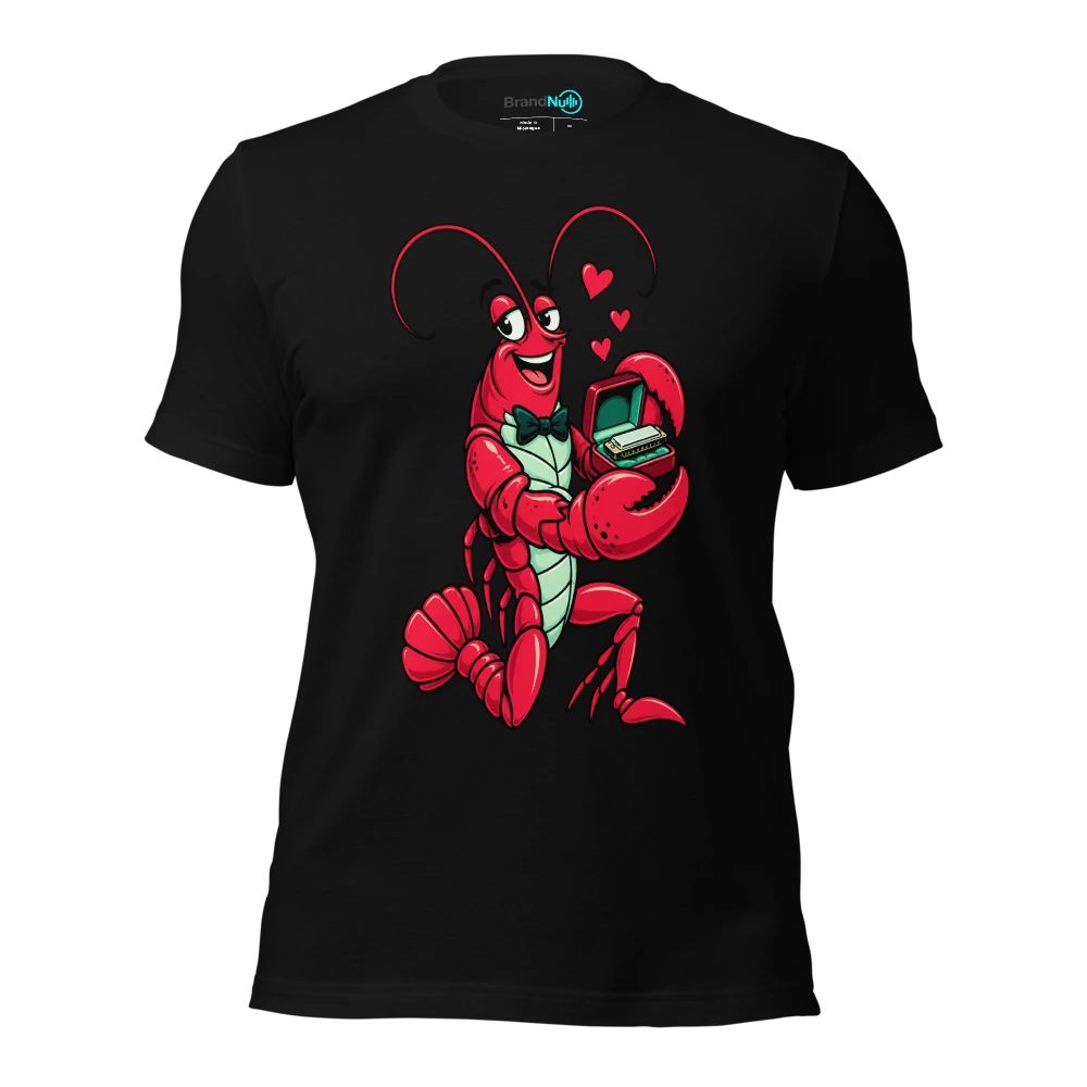 A lobster presenting a tiny harmonica in an open ring box T Shirt Black Front