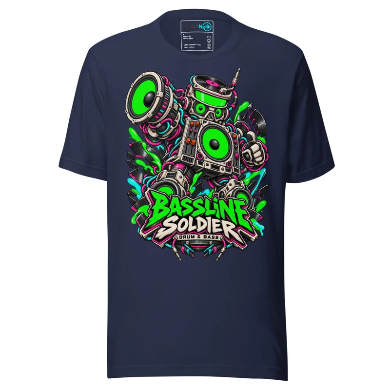 Bassline Soldier Drum and Bass T Shirt DnB Warning Graphic Green Screen - Navy