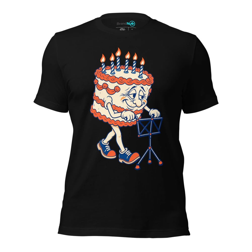 Cake mascot pushing a folded music stand like a walking frame T-SHIRT