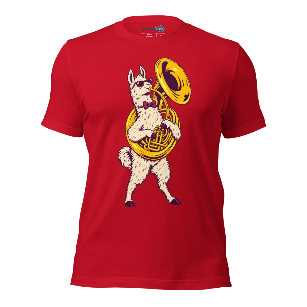 Llama wearing a bow tie and holding a sousaphone T Shirt Red Front