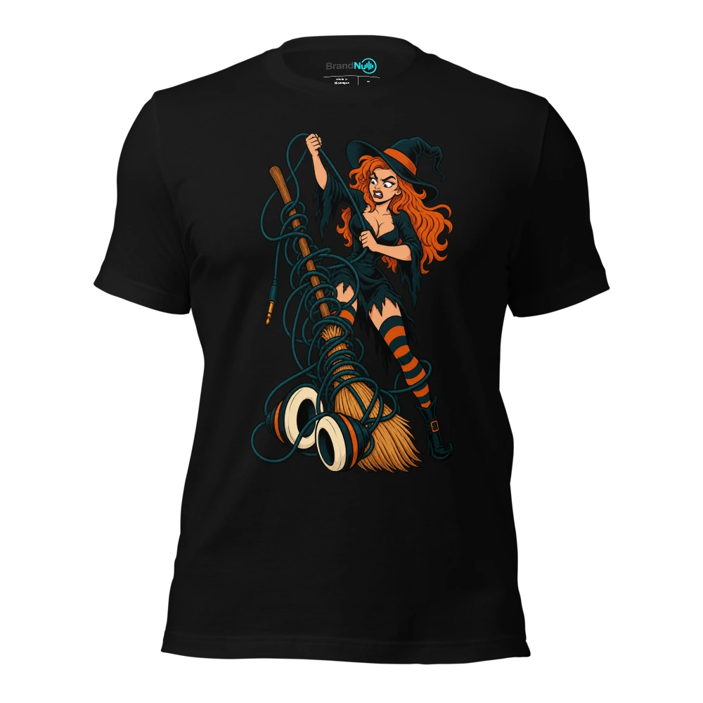 A witch untangling a broom from an enormous headphone cable T Shirt Black Front