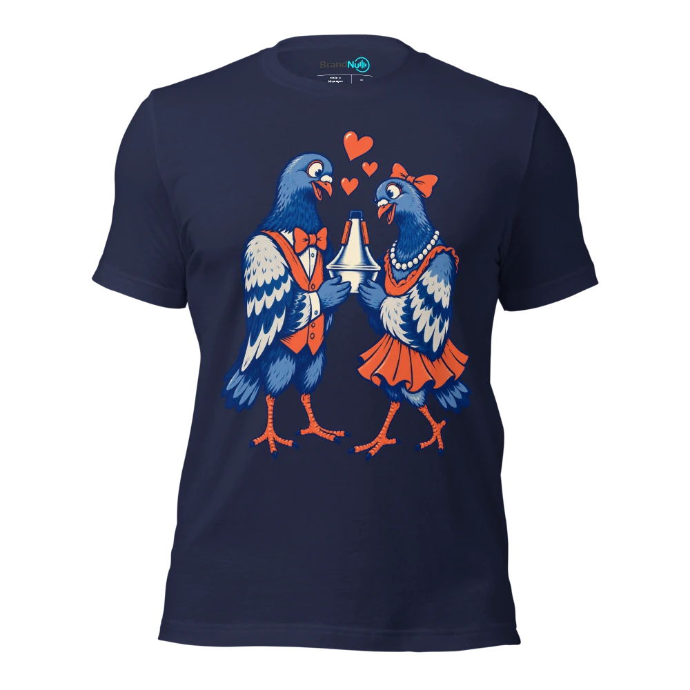 Two pigeons offering each other the same trumpet mute T Shirt Navy Front