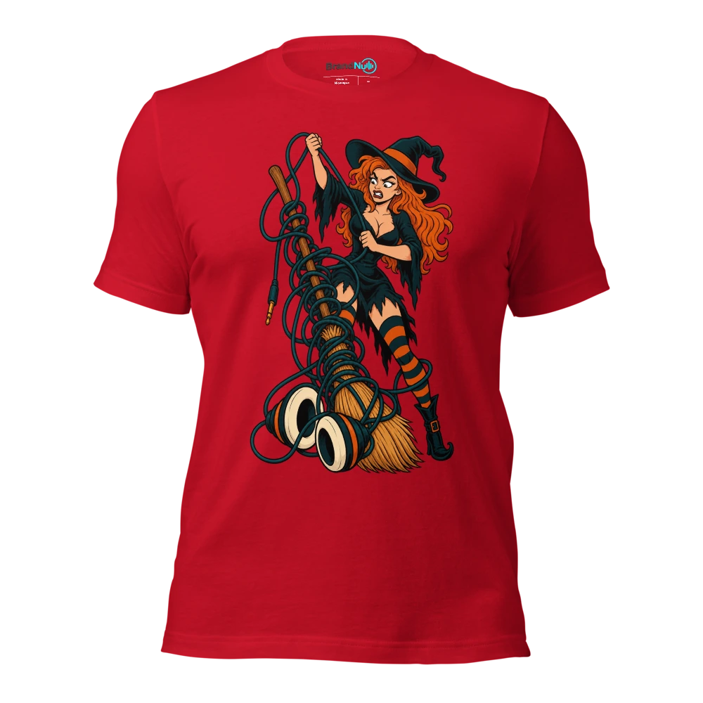 A witch untangling a broom from an enormous headphone cable T Shirt Red Front