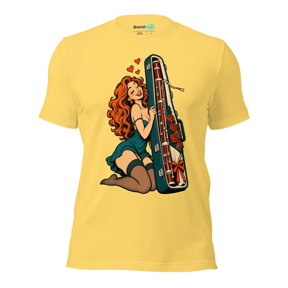 Rose bouquet peeking from a bassoon case T Shirt Yellow Front