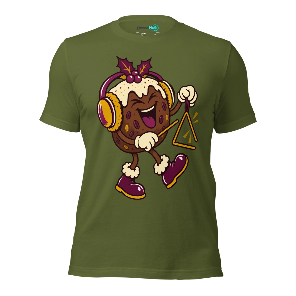 A Christmas pudding wearing oversized ear defenders beside a triangle T Shirt Olive Front