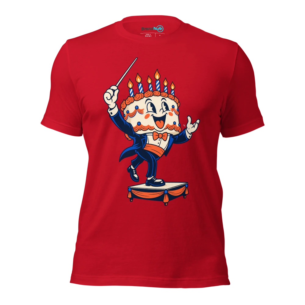 Cake mascot stepping onto a tiny conductor podium T Shirt Red Front
