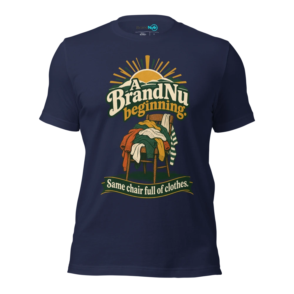 A BrandNu beginning. Same chair full of clothes T Shirt Navy Front