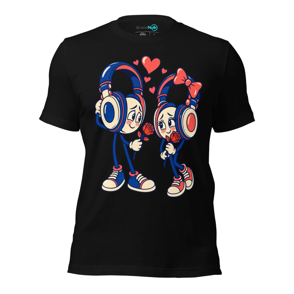 Two shy headphones offering each other a single rose T-SHIRT