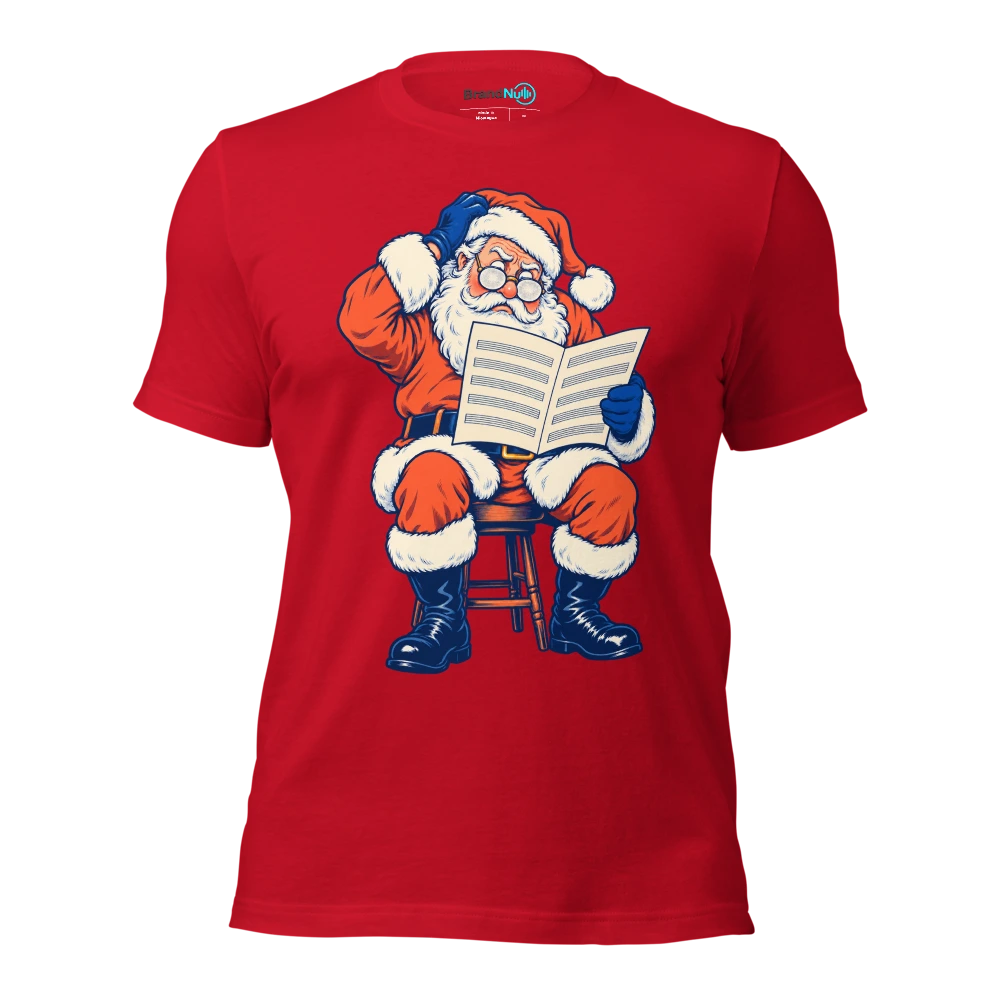 Santa reading blank sheet music through frosted glasses T Shirt Red Front