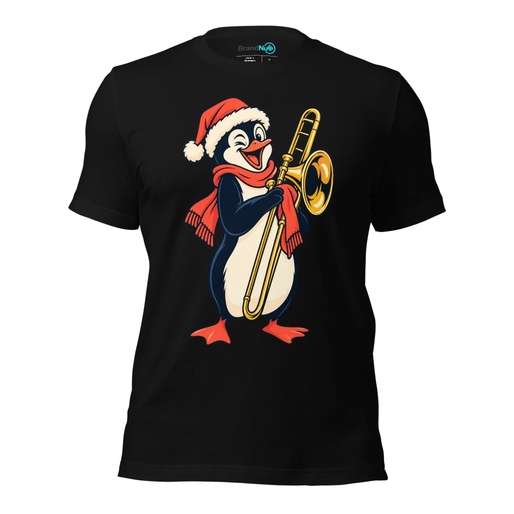 A penguin polishing a brass trombone with a scarf T-SHIRT