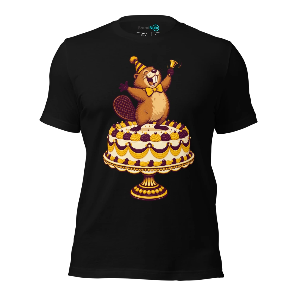 Birthday beaver presenting one tiny handbell on a huge cake stand T-SHIRT