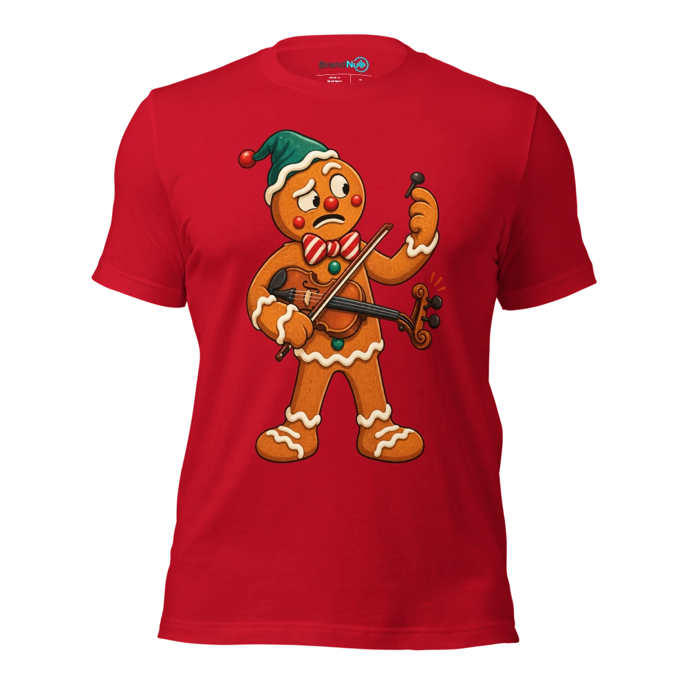Gingerbread violinist inspecting one missing candy peg T Shirt Red Front