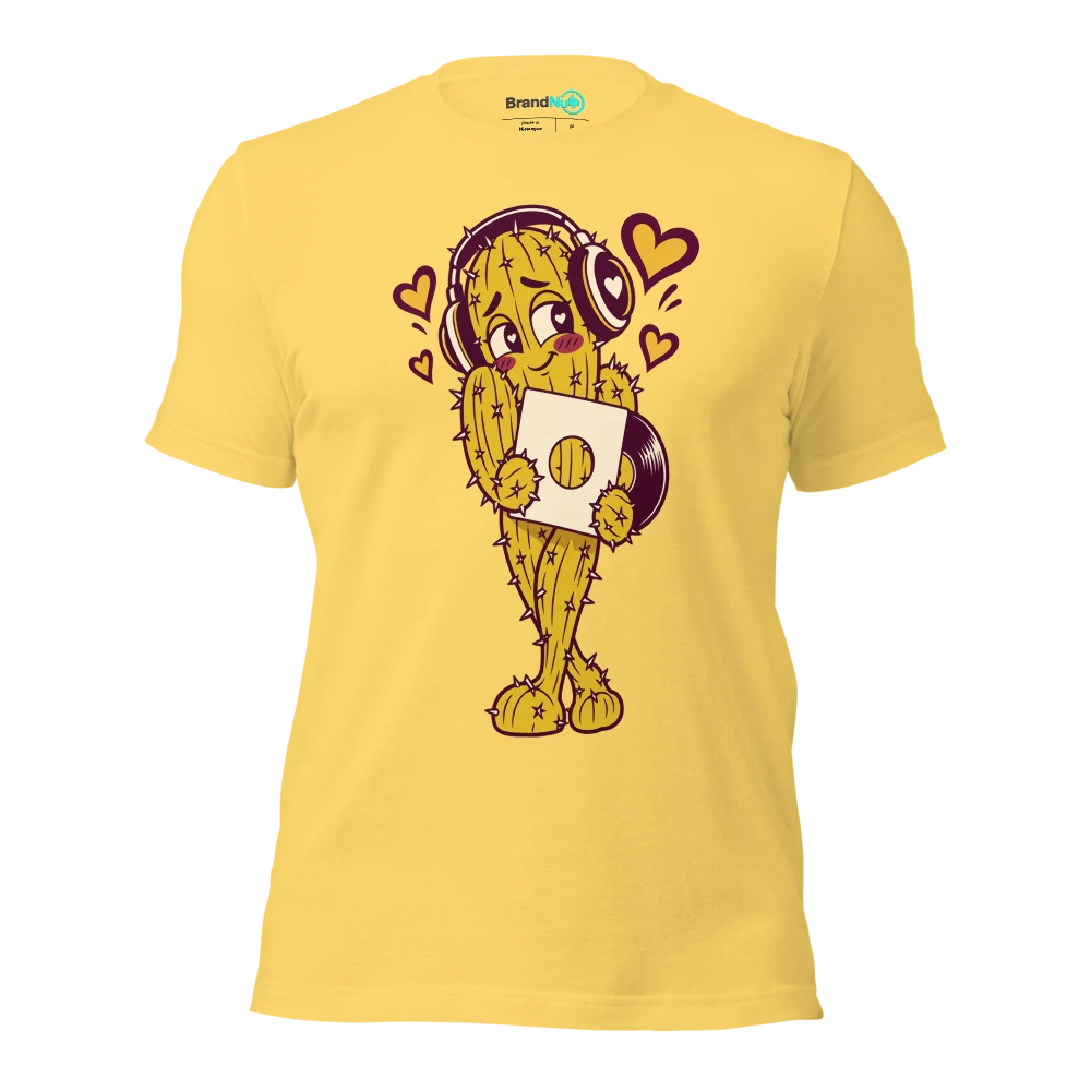 A bashful cactus wearing headphones and offering a blank record sleeve T Shirt Yellow Front
