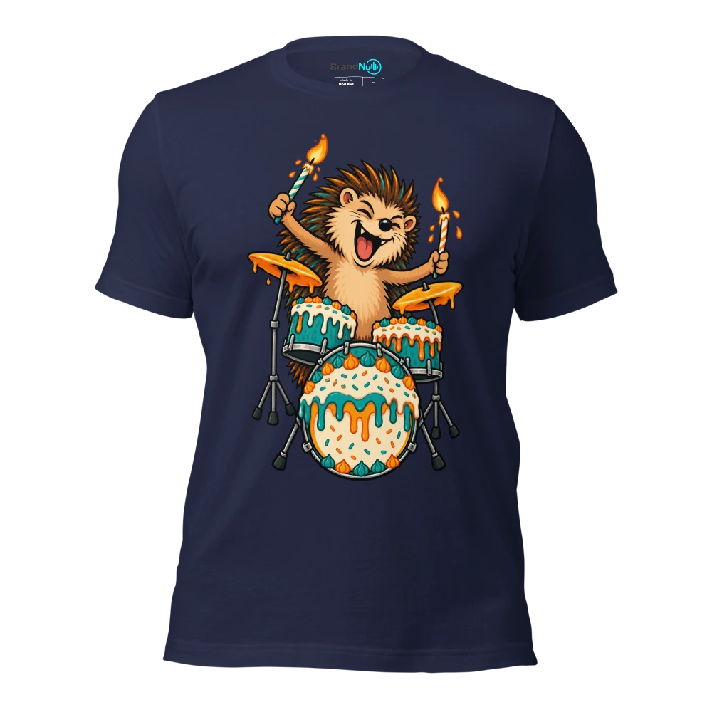 A hedgehog using birthday candles as tiny drumsticks T Shirt Navy Front