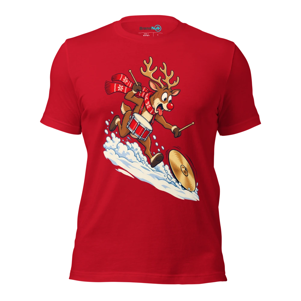 Reindeer drummer chasing a cymbal down a snowy hill T Shirt Red Front