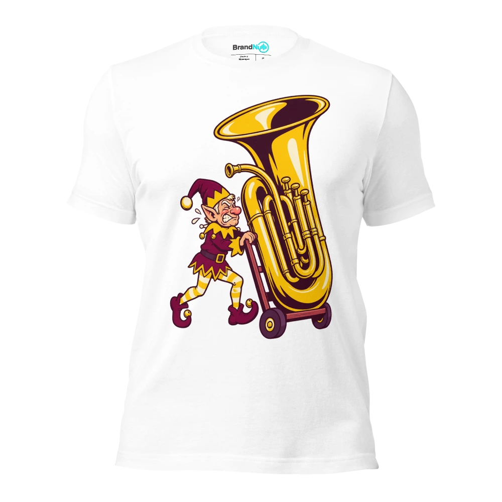 Elf pushing an enormous tuba on a toy trolley T Shirt White Front