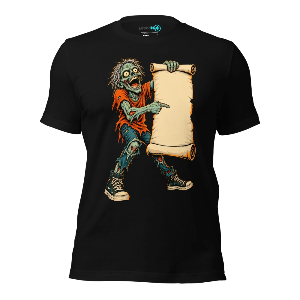 Zombie offering a blank encore request on a giant scroll T Shirt Black Front