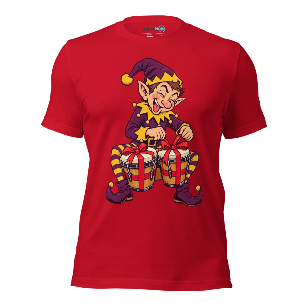 Elf tying gift bows around a pair of bongos T Shirt Red Front