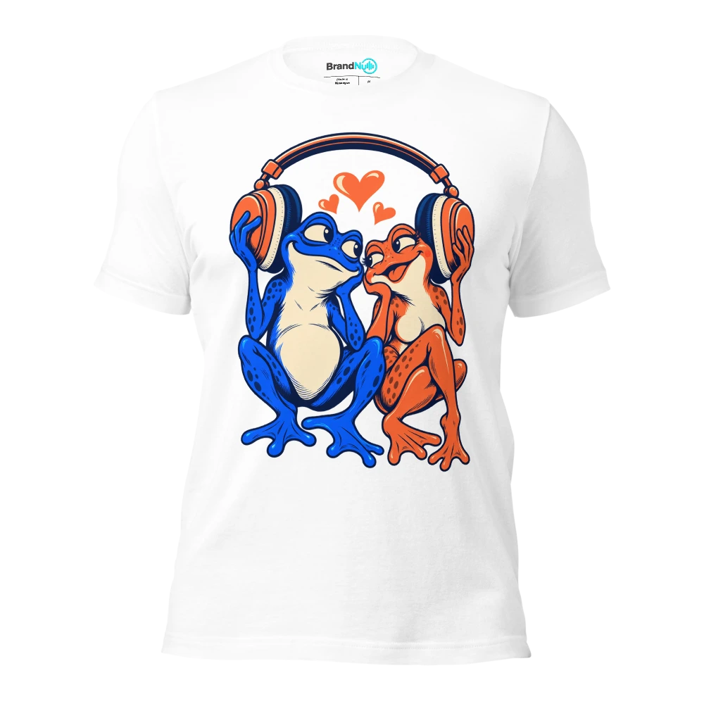 Two frogs sharing a huge pair of headphones at opposite ends T Shirt White Front