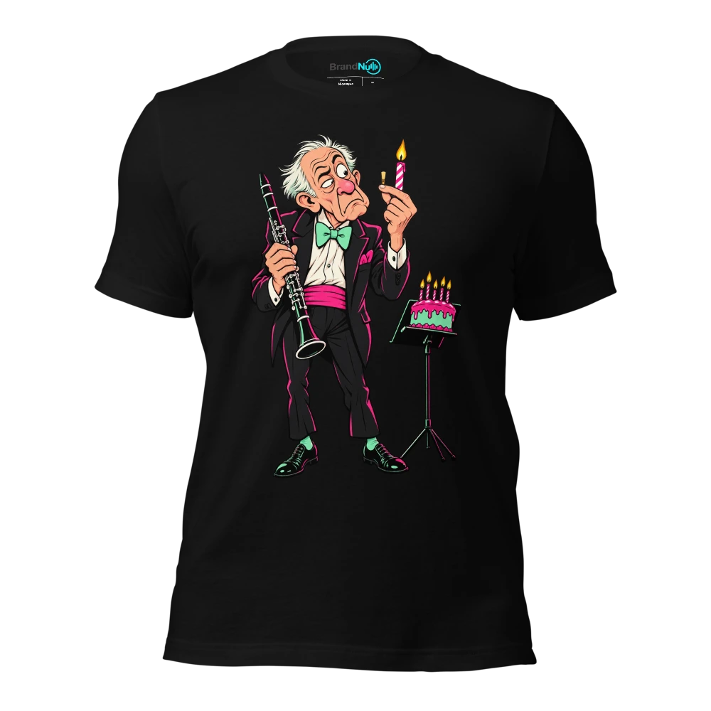 Older clarinetist comparing a candle to a tiny reed T Shirt Black Front