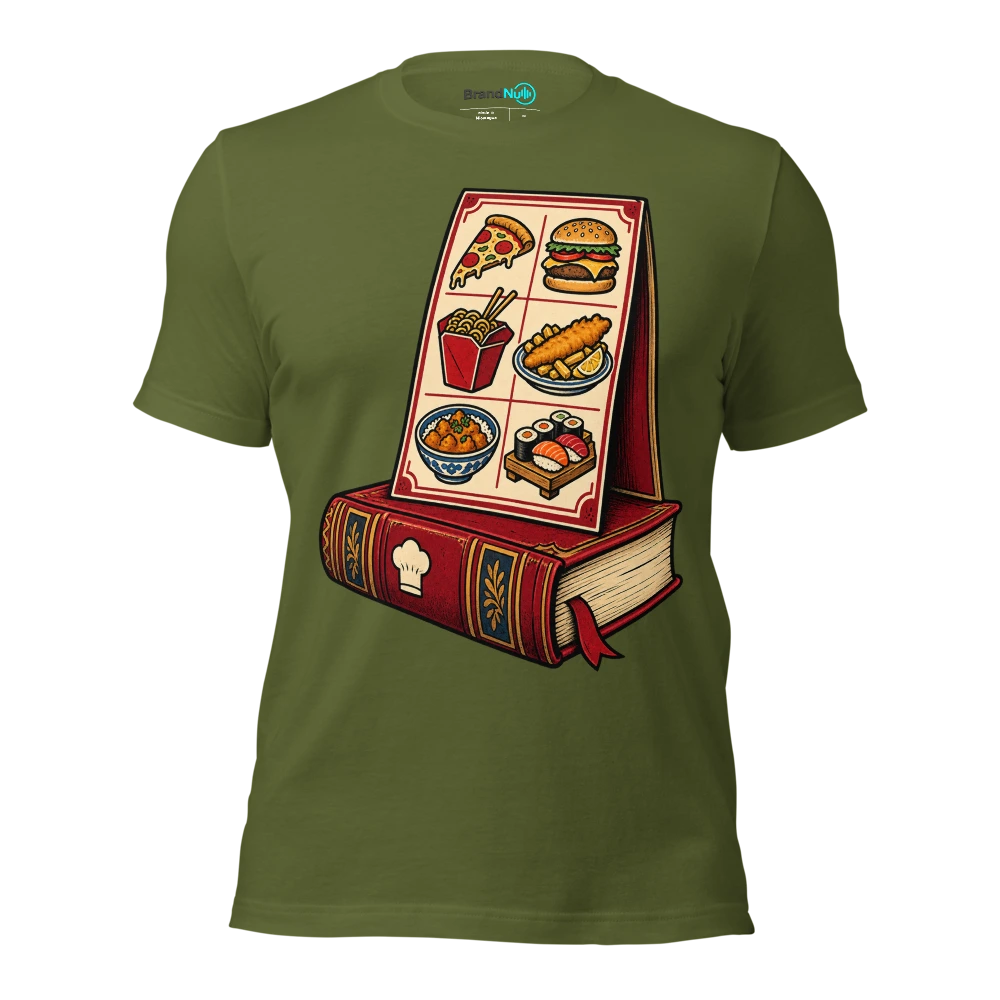 Bought a BrandNu cookbook. Lovely thing to lean the takeaway menu on T Shirt Olive Front